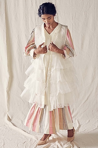 Ivory & Light Red Silk Organza Jacket by Ek Katha