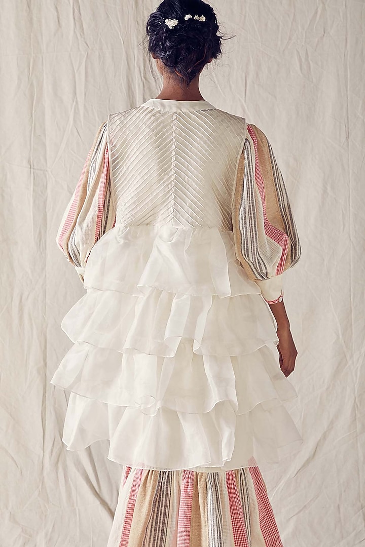 Ivory & Light Red Silk Organza Jacket by Ek Katha at Pernia's Pop Up Shop
