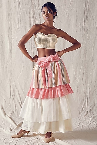 Ivory & Light Red Khadi Cotton Tiered Maxi Skirt by Ek Katha