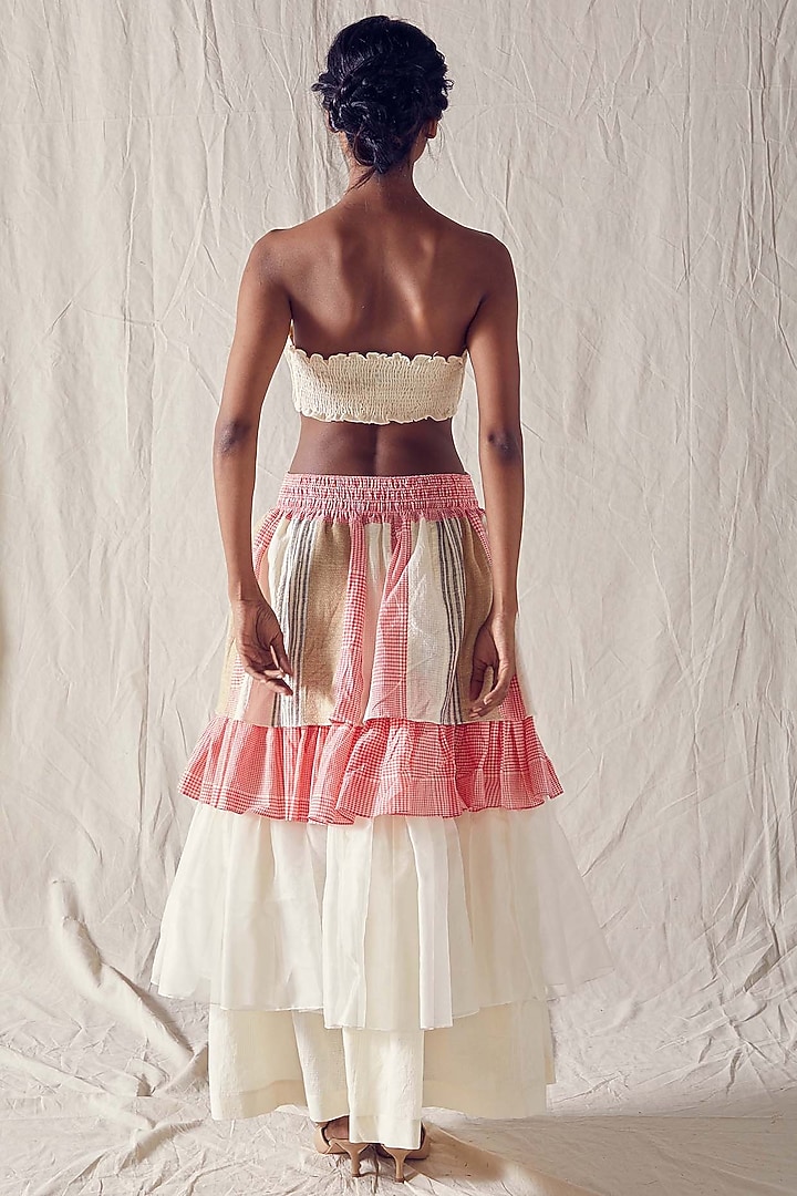 Ivory & Light Red Khadi Cotton Tiered Maxi Skirt by Ek Katha at Pernia's Pop Up Shop
