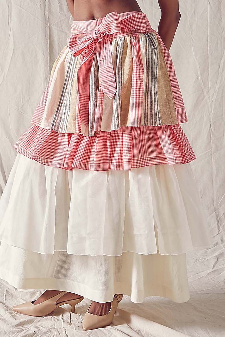 Ivory & Light Red Khadi Cotton Tiered Maxi Skirt by Ek Katha at Pernia's Pop Up Shop