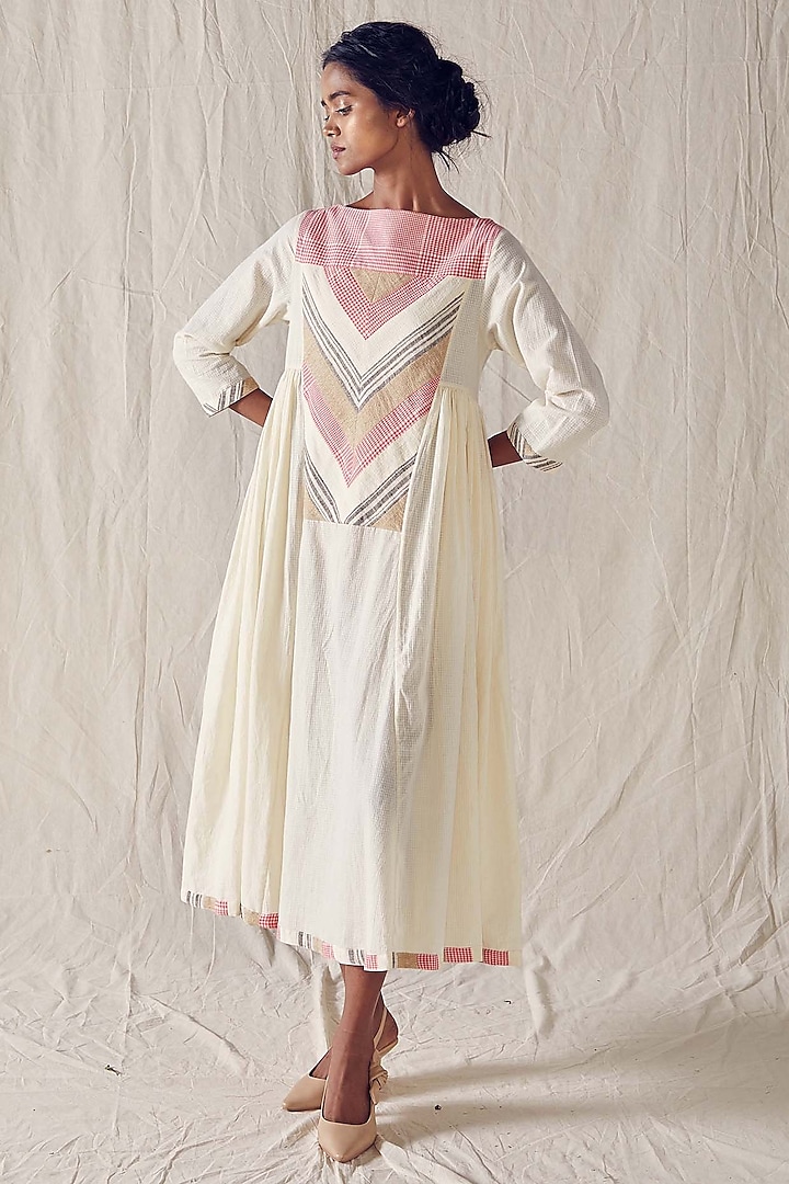 Ivory Khadi Cotton Checkered Dress by Ek Katha