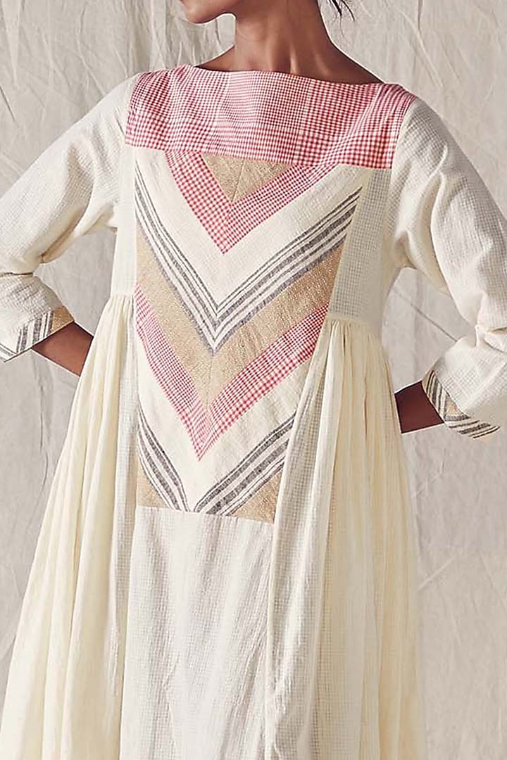 Ivory Khadi Cotton Checkered Summer Dress by Ek Katha at Pernia's Pop Up Shop