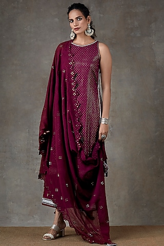 Wine Cotton Kurta Set by Ekanya