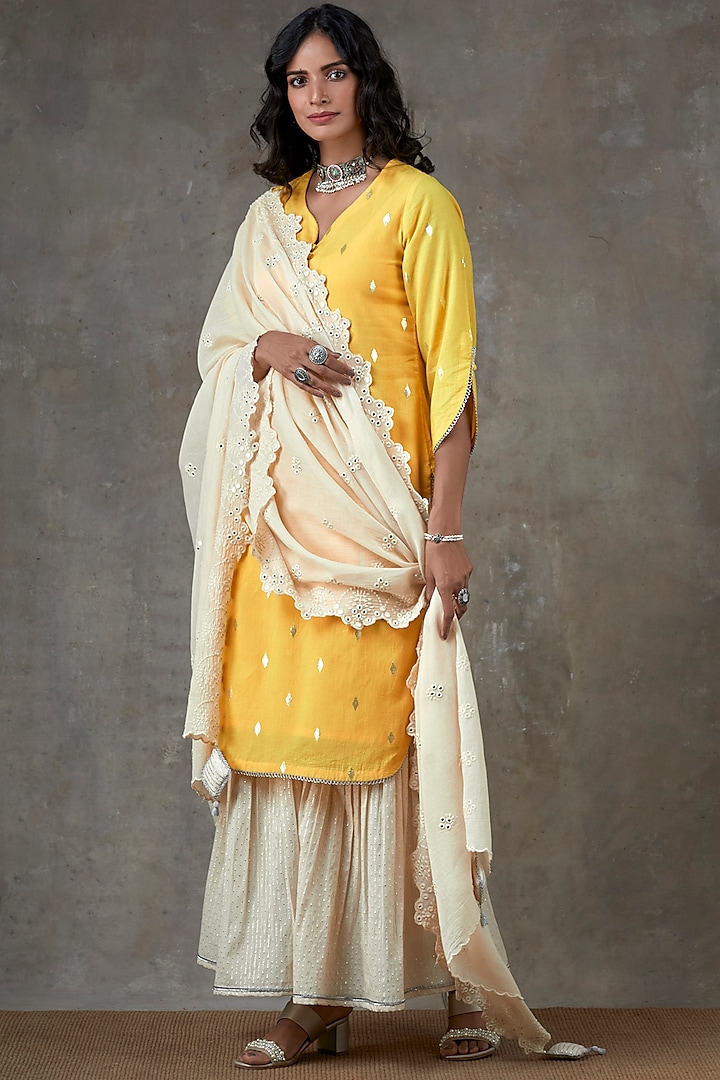 Yellow & Ecru Cotton Sharara Set by Ekanya