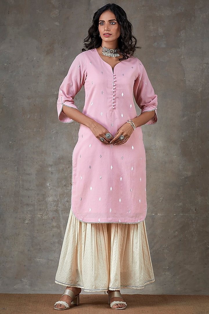 Pink & Ecru Cotton Sharara Set by Ekanya at Pernia's Pop Up Shop