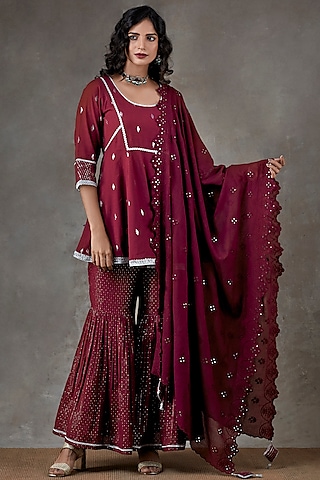 Maroon Sharara Set In Cotton by Ekanya