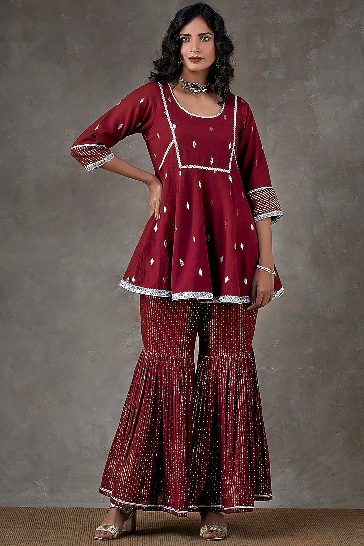 Maroon Sharara Set In Cotton by Ekanya at Pernia's Pop Up Shop
