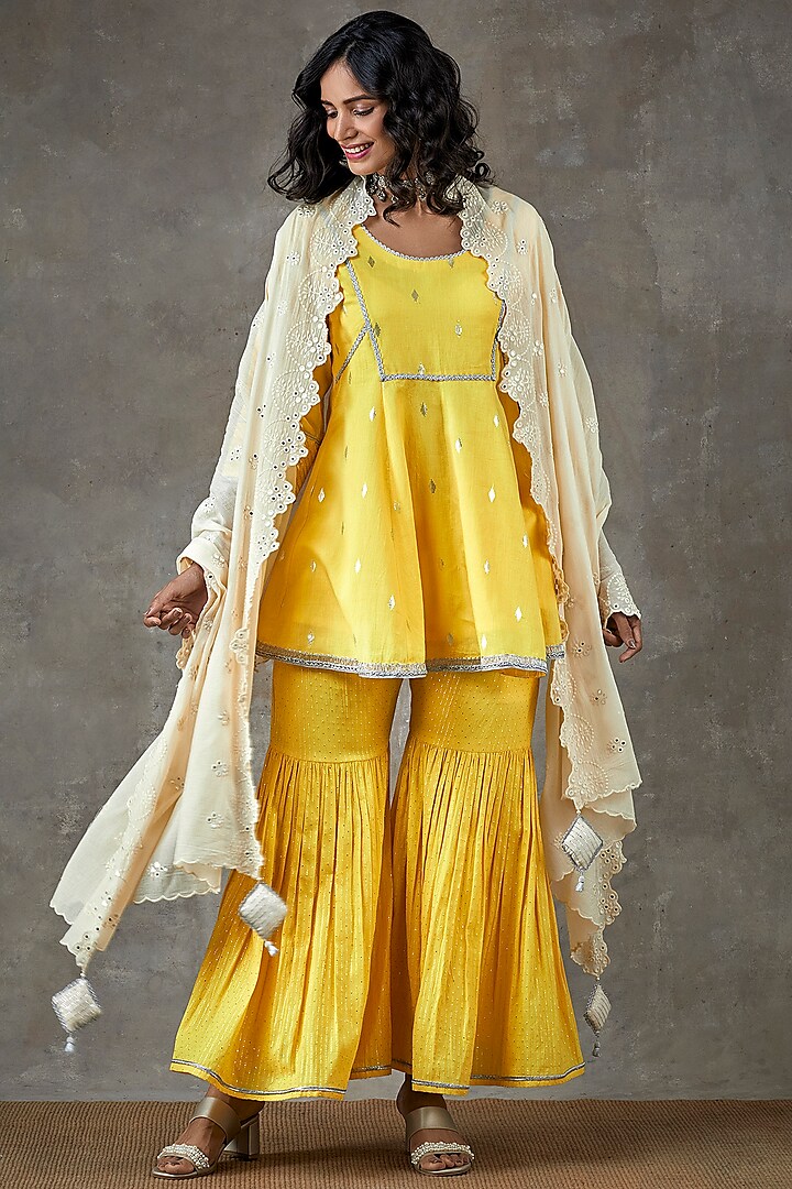 Yellow Cotton Sharara Set by Ekanya