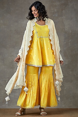 Yellow Cotton Sharara Set by Ekanya