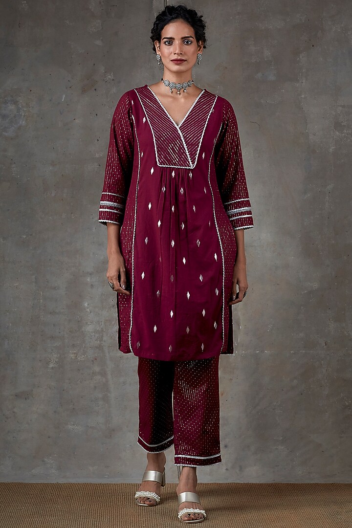 Maroon Cotton Kurta Set by Ekanya at Pernia's Pop Up Shop