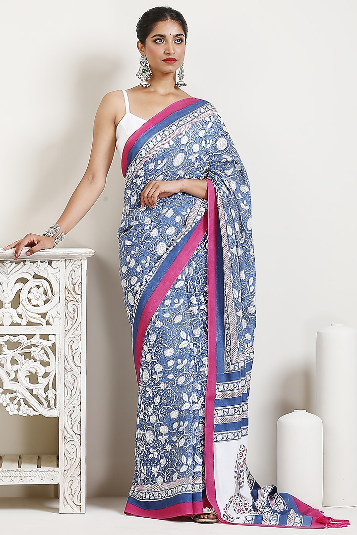 Blue Chanderi & Muslin Hand Block Printed Saree by Ekanya at Pernia's Pop Up Shop