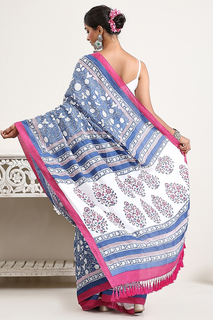 Blue Chanderi & Muslin Hand Block Printed Festive Saree by Ekanya at Pernia's Pop Up Shop