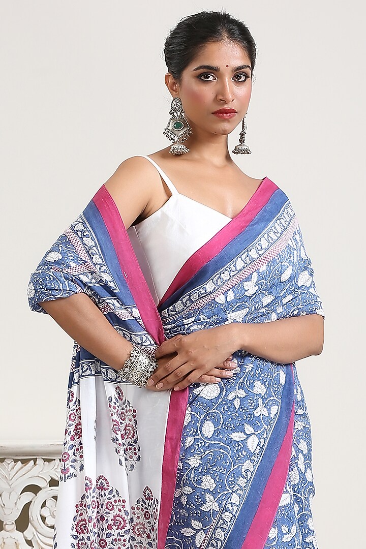Blue Chanderi & Muslin Hand Block Printed Festive Saree by Ekanya at Pernia's Pop Up Shop