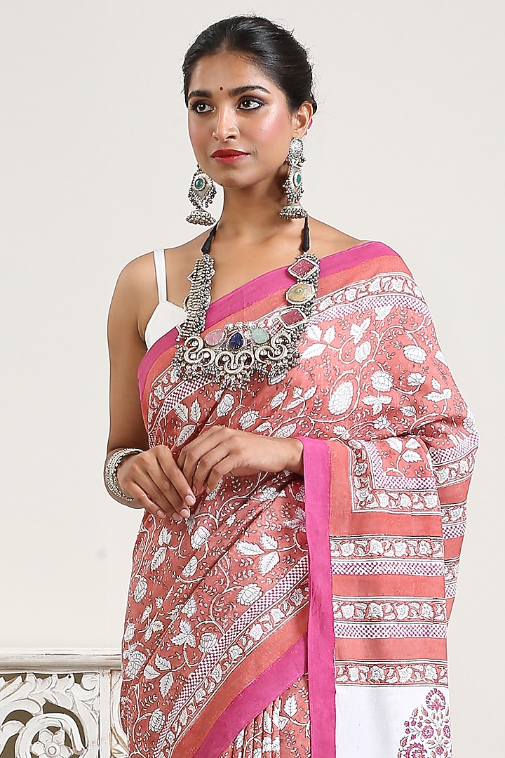 Coral Chanderi Printed Festive Saree by Ekanya at Pernia's Pop Up Shop