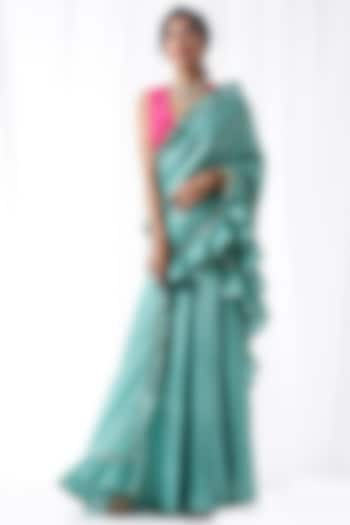 Aqua Blue Mirror Work Zip-Up Saree Set by Ekanya at Pernia's Pop Up Shop