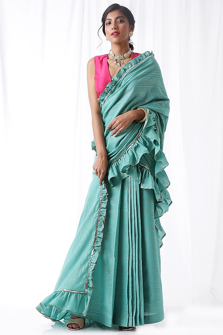 Aqua Blue Mirror Work Zip-Up Saree Set by Ekanya at Pernia's Pop Up Shop