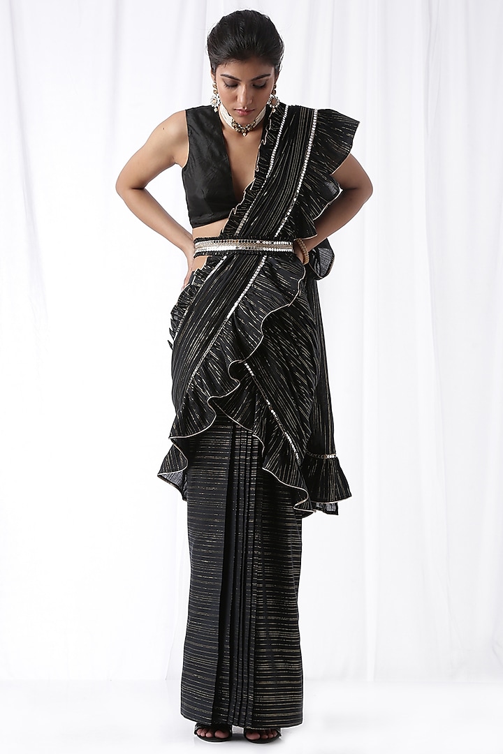 Black Mirror Work Zip-Up Saree Set by Ekanya at Pernia's Pop Up Shop