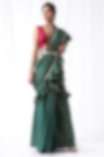 Bottle Green Mirror Work Zip-Up Saree Set by Ekanya at Pernia's Pop Up Shop