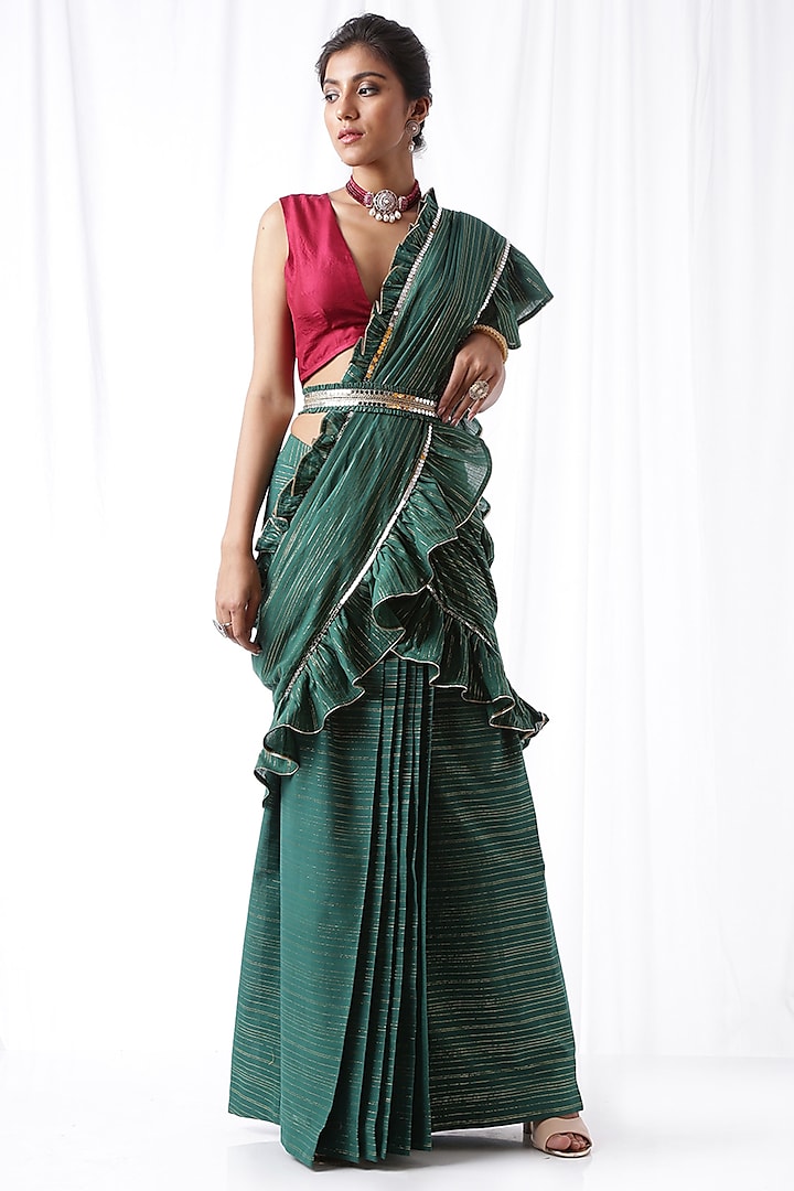 Bottle Green Mirror Work Zip-Up Saree Set by Ekanya at Pernia's Pop Up Shop