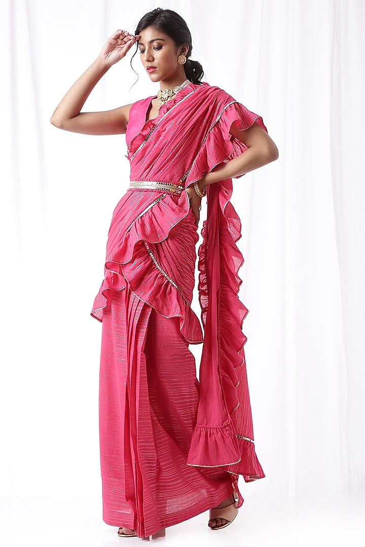 Pink Mirror Work Zip-Up Saree Set by Ekanya at Pernia's Pop Up Shop