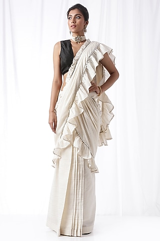 Off-White Mirror Work Zip-Up Saree Set by Ekanya