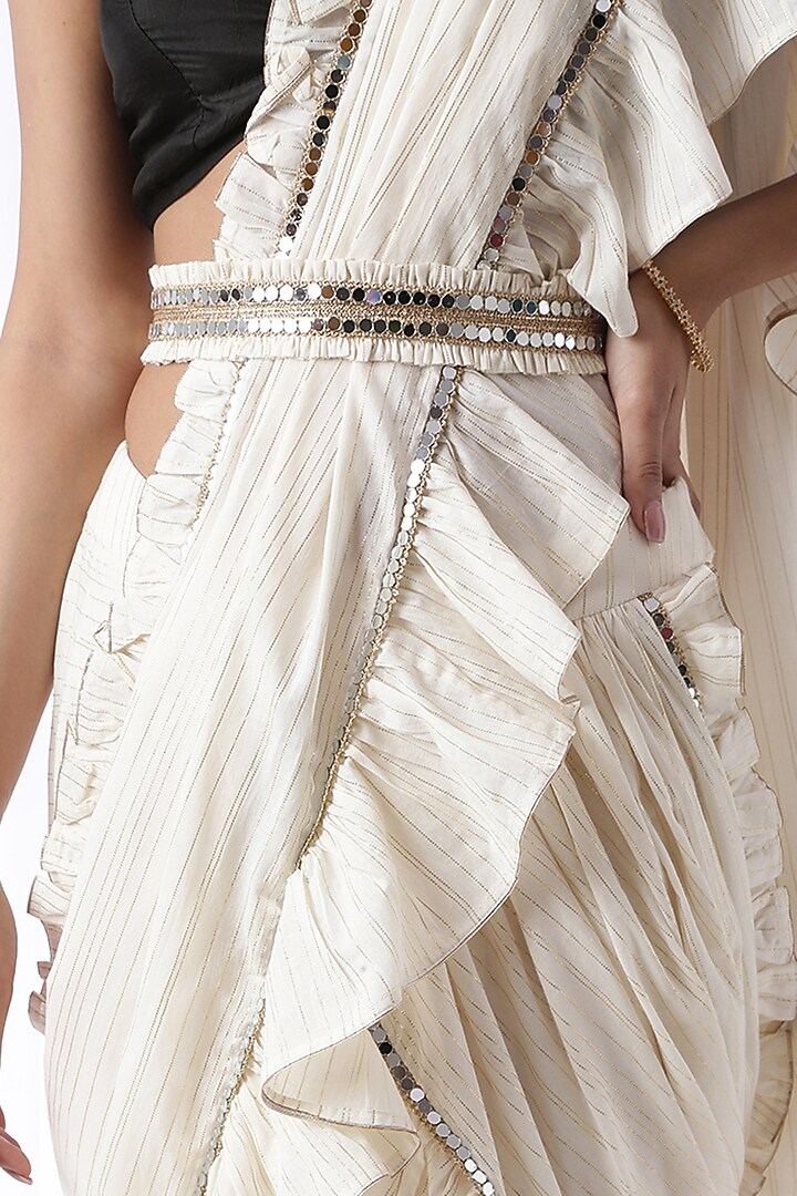 Off-White Mirror Work Zip-Up Party Wear Saree Set by Ekanya at Pernia's Pop Up Shop