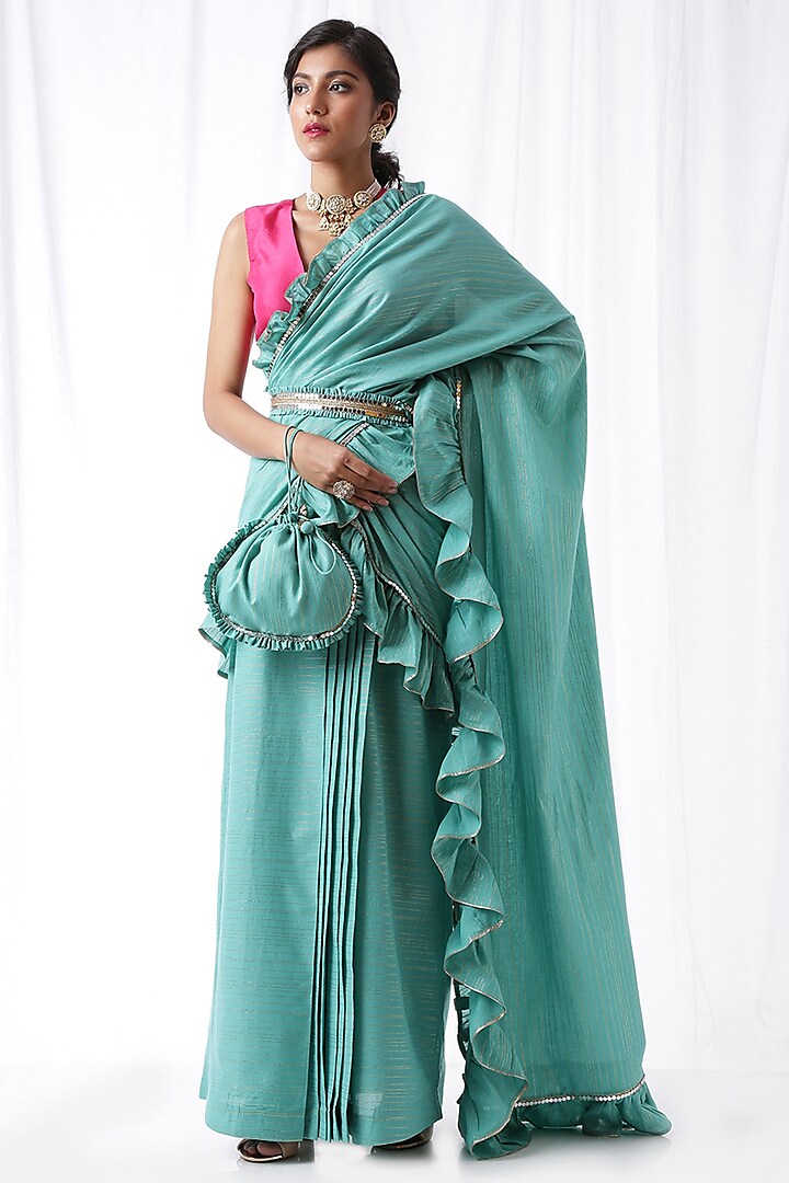 Aqua Blue Ruffled Zip-Up Saree Set With Potli Bag by Ekanya at Pernia's Pop Up Shop