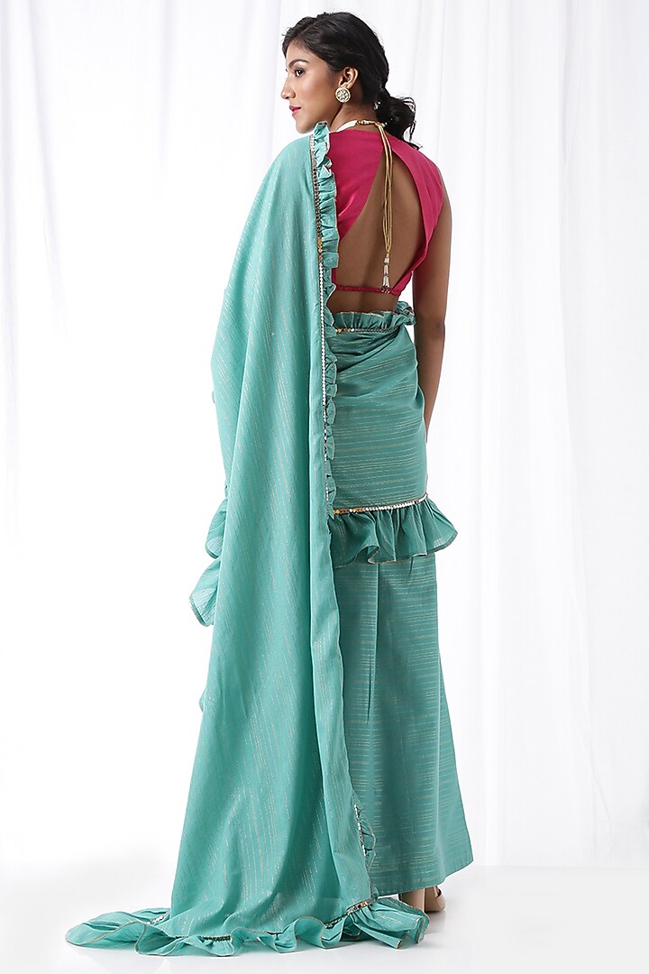 Aqua Blue Ruffled Zip-Up Party Wear Saree Set With Potli Bag by Ekanya at Pernia's Pop Up Shop