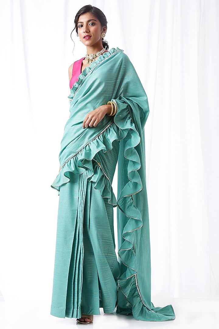 Aqua Blue Ruffled Zip-Up Party Wear Saree Set With Potli Bag by Ekanya at Pernia's Pop Up Shop