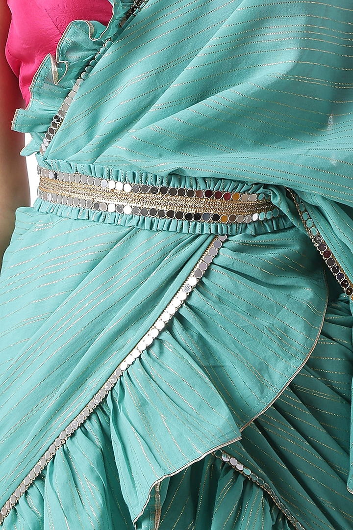 Aqua Blue Ruffled Zip-Up Party Wear Saree Set With Potli Bag by Ekanya at Pernia's Pop Up Shop