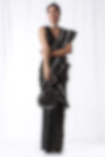 Black Ruffled Zip-Up Saree Set With Potli Bag by Ekanya