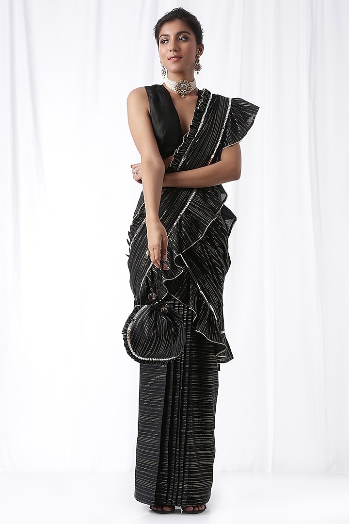 Black Ruffled Zip-Up Saree Set With Potli Bag by Ekanya