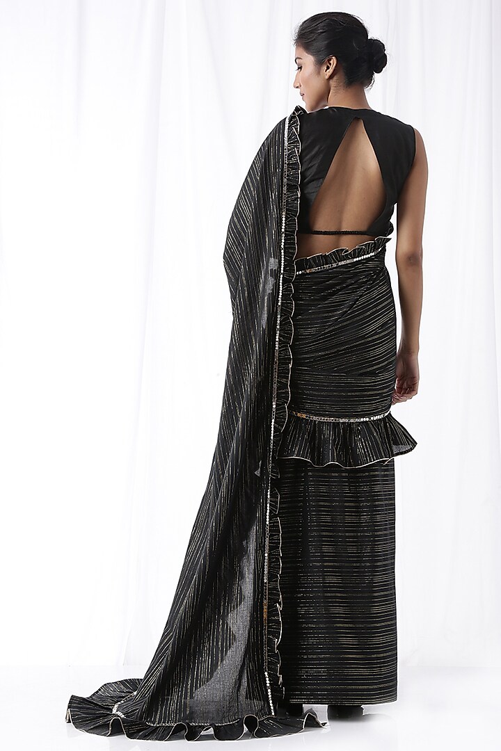 Black Ruffled Zip-Up Party Wear Saree Set With Potli Bag by Ekanya at Pernia's Pop Up Shop