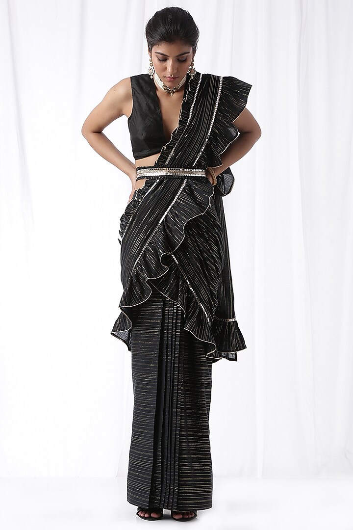 Black Ruffled Zip-Up Party Wear Saree Set With Potli Bag by Ekanya at Pernia's Pop Up Shop
