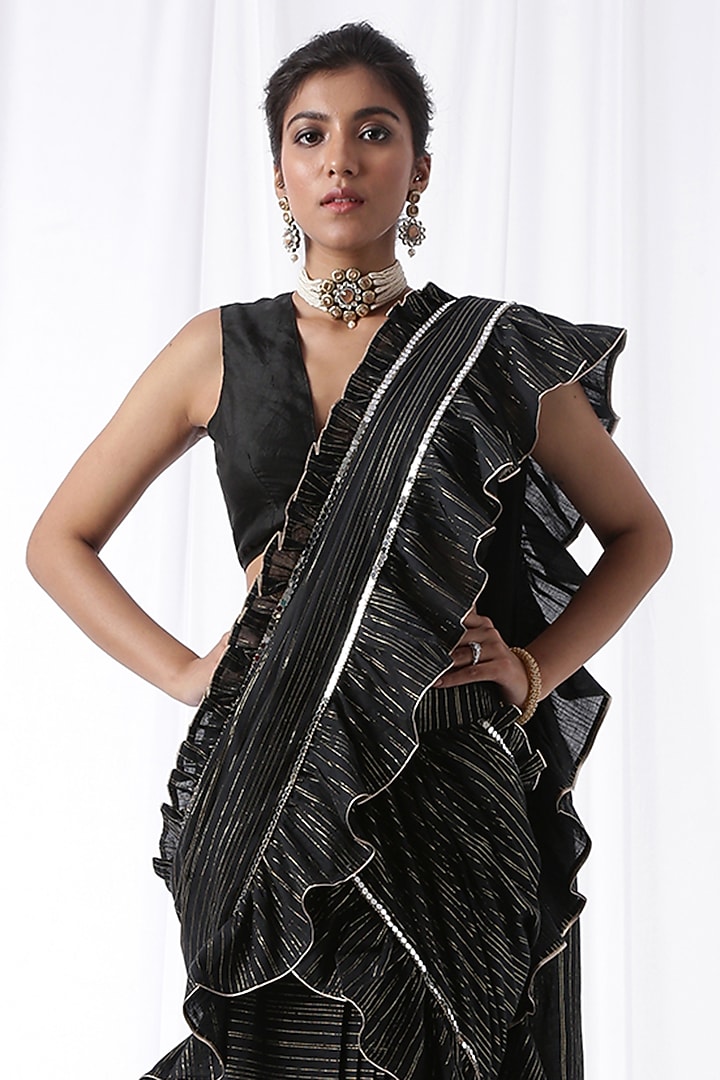Black Ruffled Zip-Up Party Wear Saree Set With Potli Bag by Ekanya at Pernia's Pop Up Shop