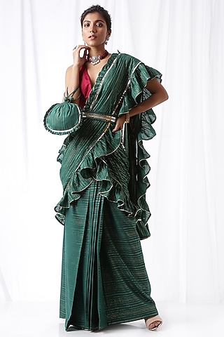 Bottle Green Ruffled Zip-Up Saree With Potli Bag by Ekanya
