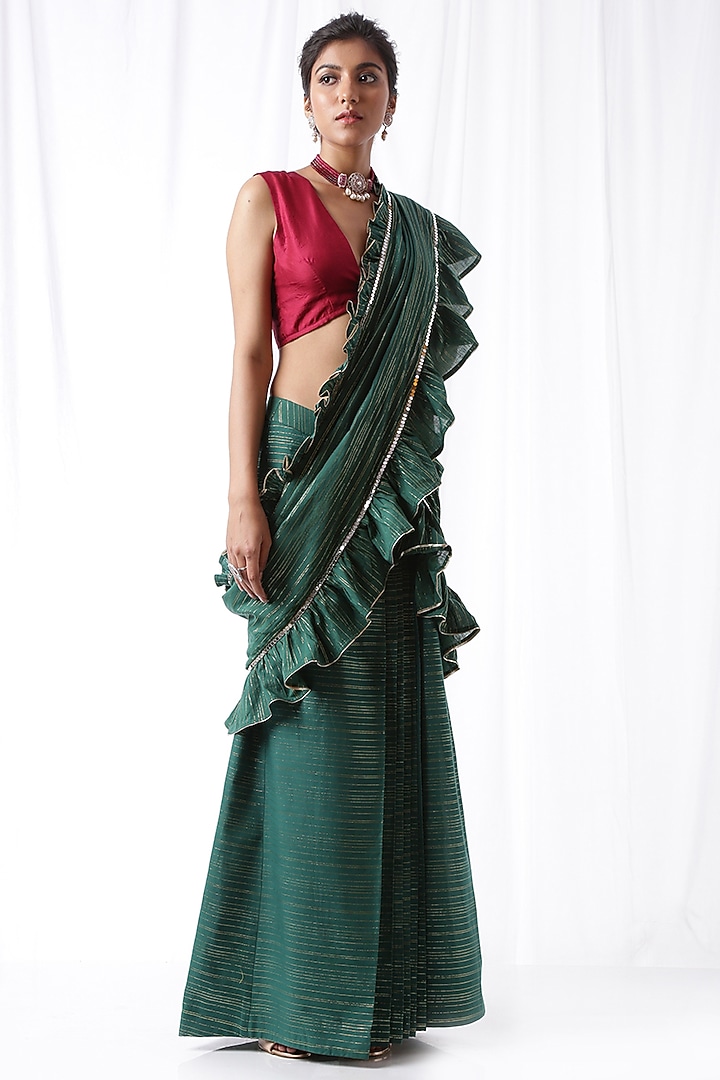 Bottle Green Ruffled Zip-Up Party Wear Saree With Potli Bag by Ekanya at Pernia's Pop Up Shop