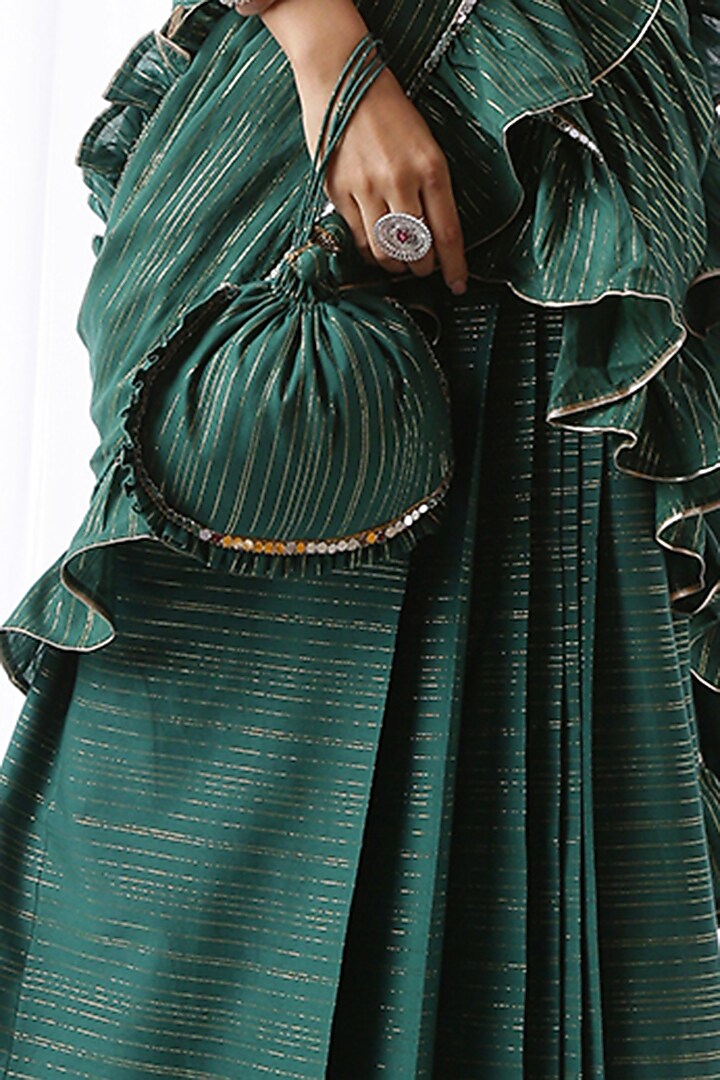 Bottle Green Ruffled Zip-Up Party Wear Saree With Potli Bag by Ekanya at Pernia's Pop Up Shop