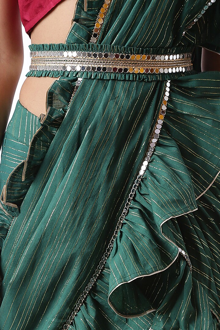 Bottle Green Ruffled Zip-Up Party Wear Saree With Potli Bag by Ekanya at Pernia's Pop Up Shop