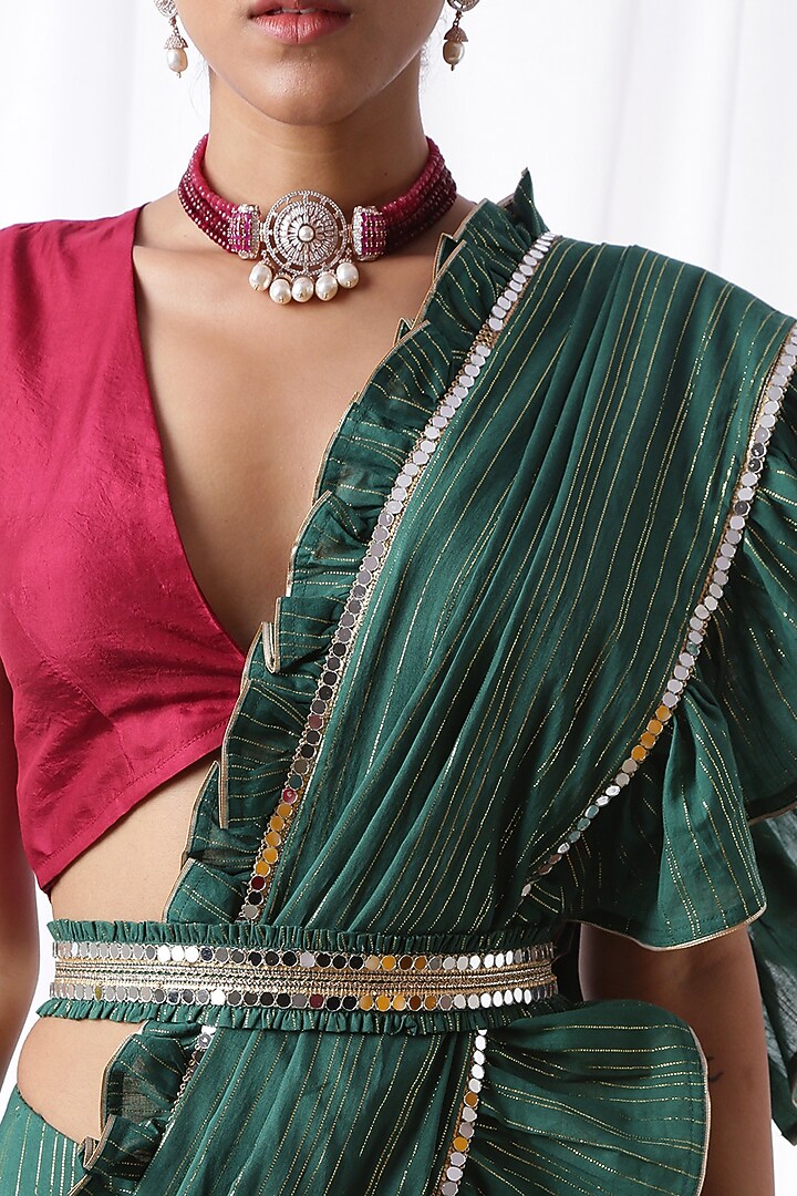 Bottle Green Ruffled Zip-Up Party Wear Saree With Potli Bag by Ekanya at Pernia's Pop Up Shop