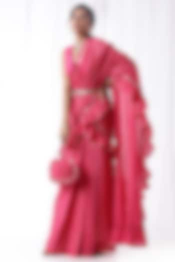 Pink Ruffled Zip-Up Saree Set With Potli Bag by Ekanya