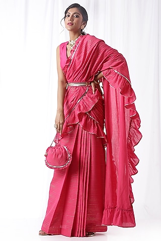 Pink Ruffled Zip-Up Saree Set With Potli Bag by Ekanya