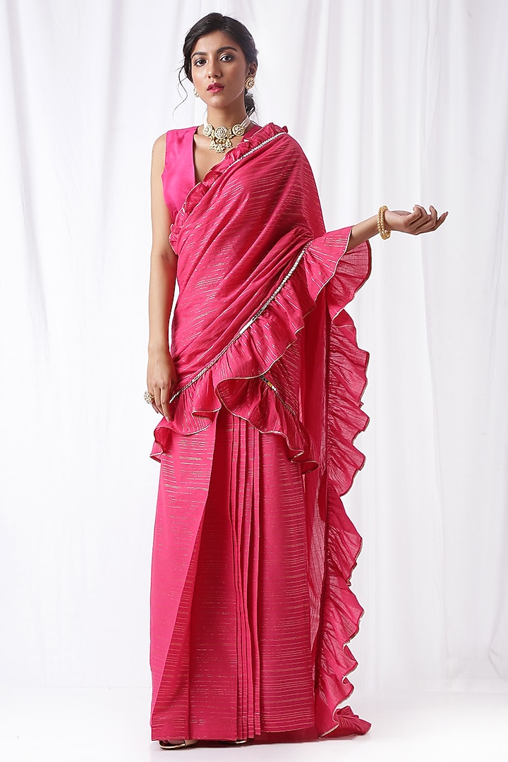 Pink Ruffled Zip-Up Party Wear Saree Set With Potli Bag by Ekanya at Pernia's Pop Up Shop