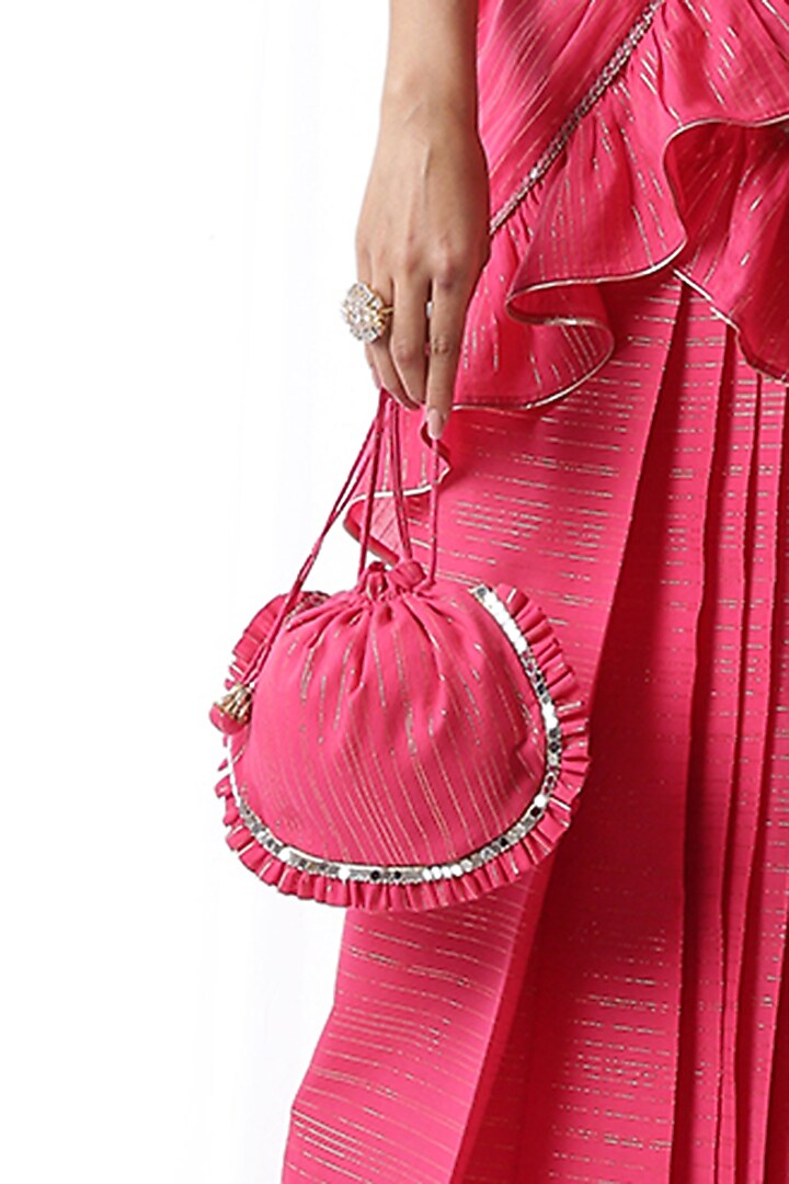 Pink Ruffled Zip-Up Party Wear Saree Set With Potli Bag by Ekanya at Pernia's Pop Up Shop