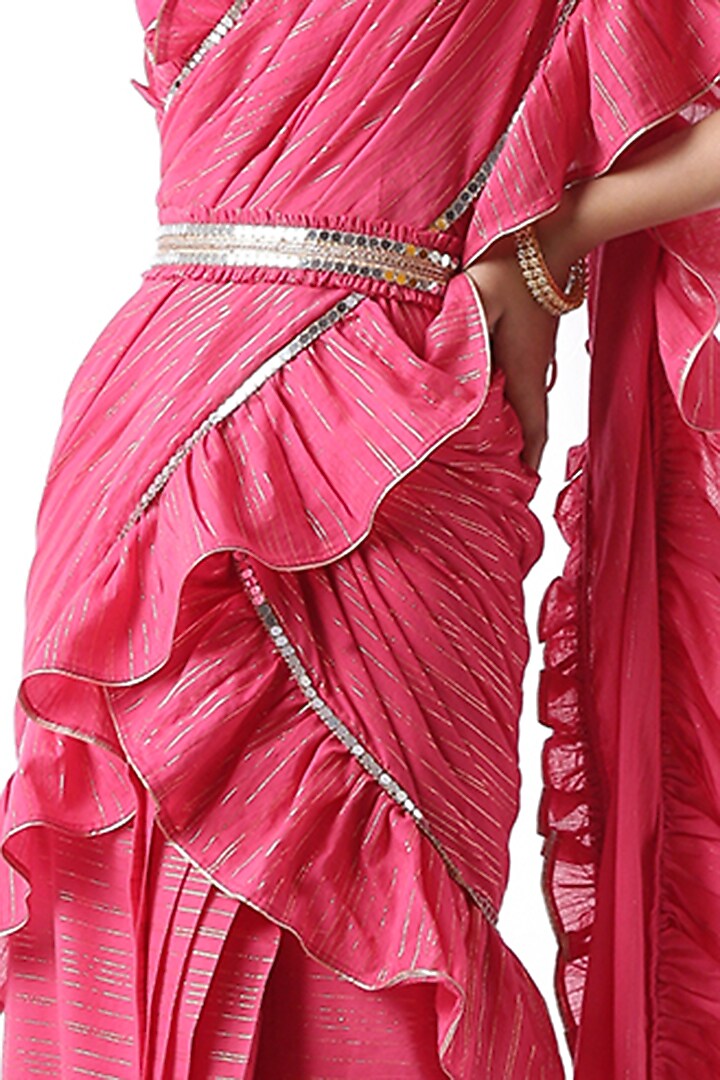 Pink Ruffled Zip-Up Party Wear Saree Set With Potli Bag by Ekanya at Pernia's Pop Up Shop