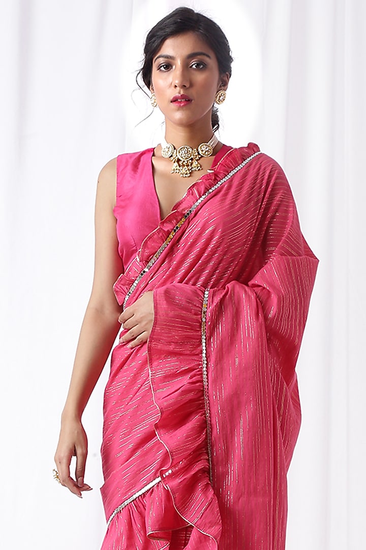 Pink Ruffled Zip-Up Party Wear Saree Set With Potli Bag by Ekanya at Pernia's Pop Up Shop