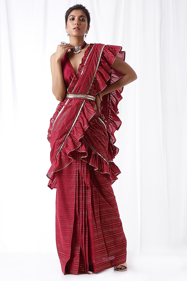 Maroon Ruffled Zip-Up Saree Set With Potli Bag by Ekanya