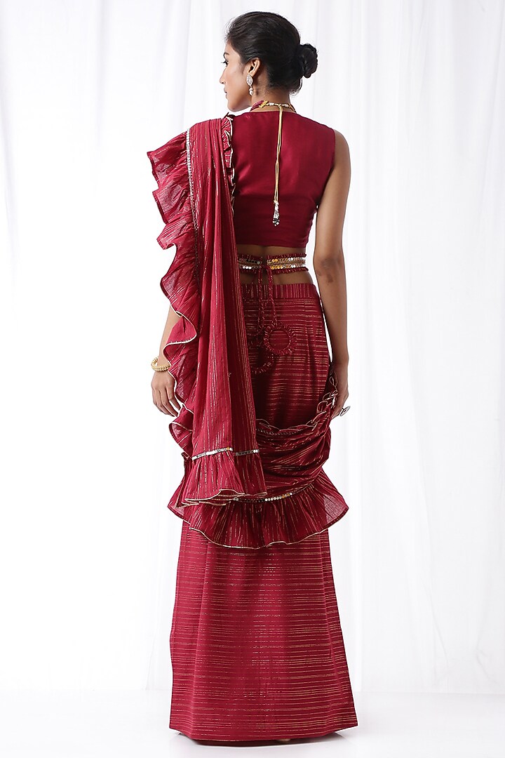 Maroon Ruffled Zip-Up Party Wear Saree Set With Potli Bag by Ekanya at Pernia's Pop Up Shop