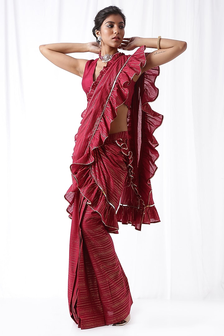Maroon Ruffled Zip-Up Party Wear Saree Set With Potli Bag by Ekanya at Pernia's Pop Up Shop